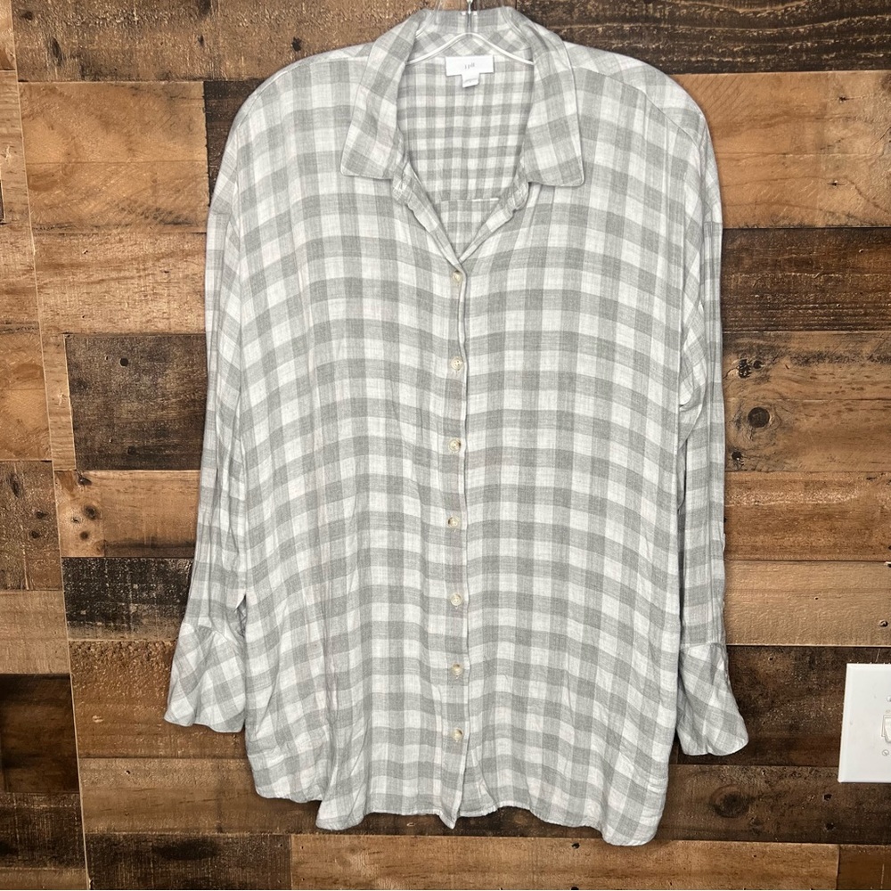 J.Jill Gingham Gray SOFT Double Layer Button Down Shirt Large Pocket Lagenlook